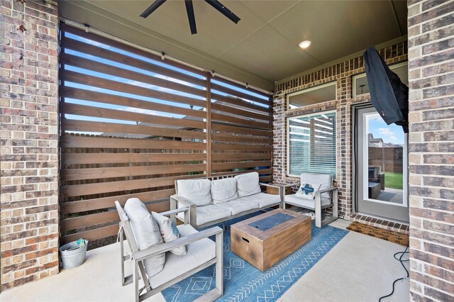 living room featuring ceiling fan and light carpet