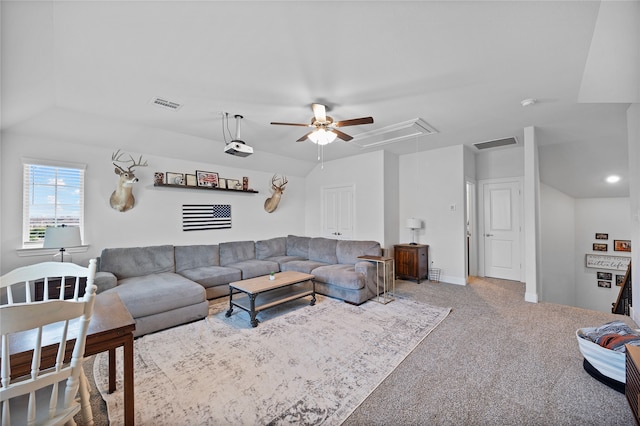 living room featuring light carpet and ceiling fan