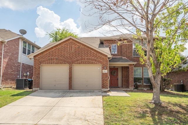 view of property with central AC unit, a garage, and a front lawn