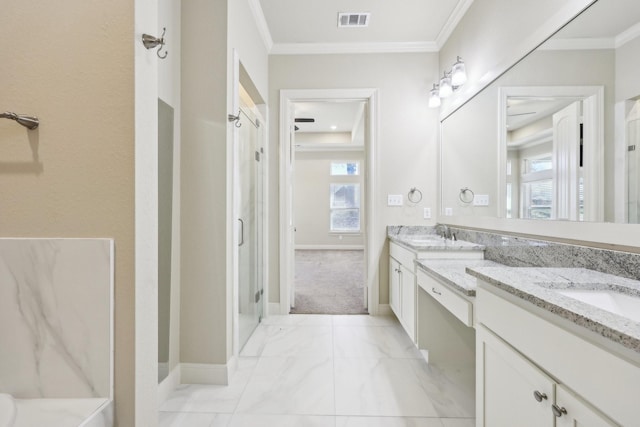 bathroom featuring walk in shower, ornamental molding, and vanity