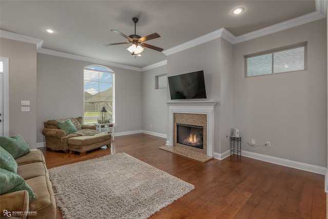 living room with ceiling fan, ornamental molding, hardwood / wood-style flooring, and a fireplace