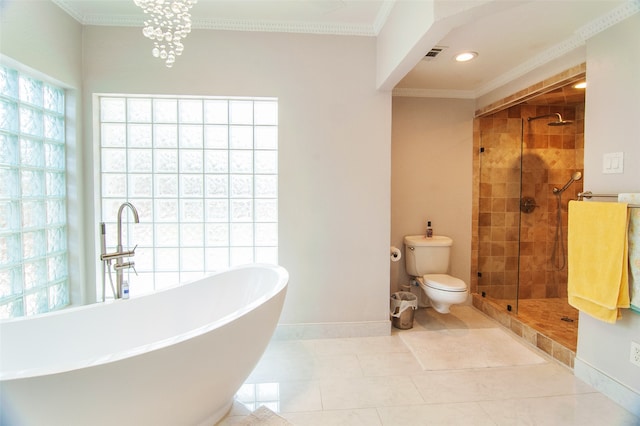 bathroom featuring ornamental molding, toilet, tile patterned flooring, and shower with separate bathtub