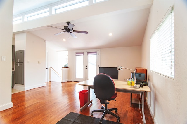 office space with wood-type flooring and ceiling fan