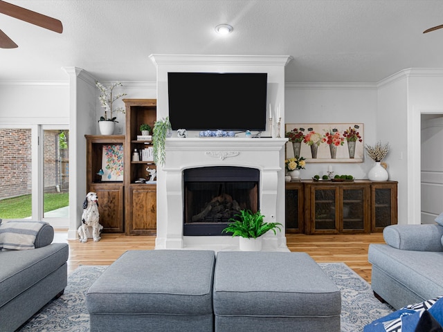 living room with a textured ceiling, wood-type flooring, and ornamental molding