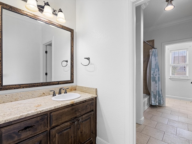 bathroom with tile patterned floors, crown molding, vanity, and shower / tub combo