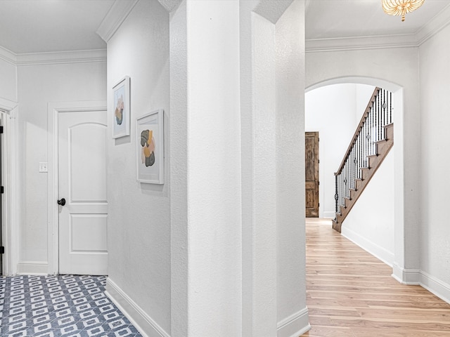 hallway with light wood-type flooring and crown molding