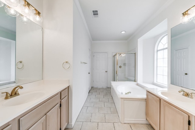 bathroom with ornamental molding, vanity, independent shower and bath, and tile patterned flooring