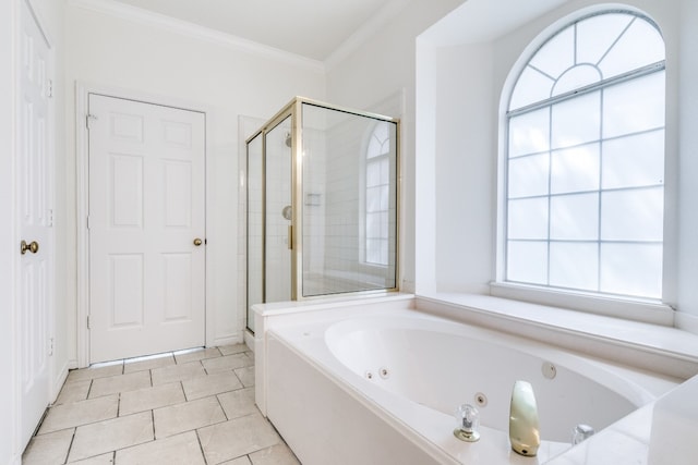 bathroom with ornamental molding, tile patterned floors, and shower with separate bathtub