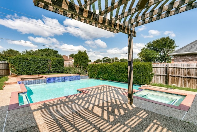 view of swimming pool with a pergola and an in ground hot tub