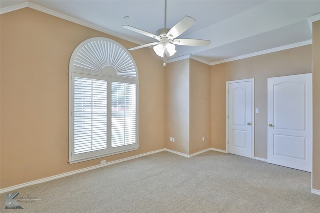 empty room with ceiling fan, light carpet, and ornamental molding