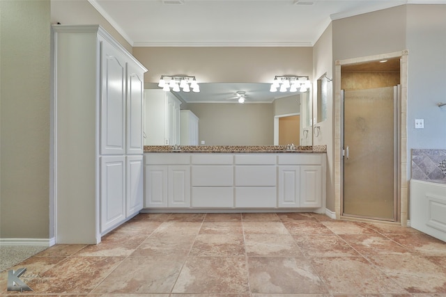 bathroom with an enclosed shower, ornamental molding, and vanity