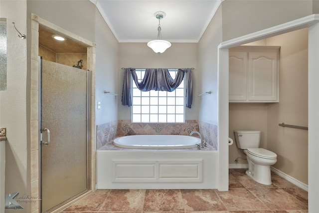 bathroom with separate shower and tub, toilet, and ornamental molding