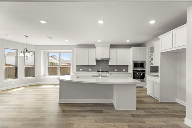 4100 Pond Cypress St, Aubrey, TX 76227 - kitchen featuring light countertops, stainless steel appliances, baseboards, tasteful backsplash, and under cabinet range hood