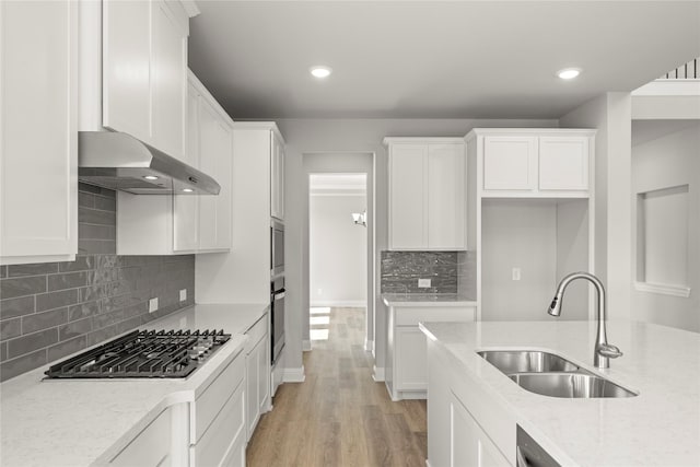 4100 Pond Cypress St, Aubrey, TX 76227 - kitchen featuring light wood-style floors, range hood, white cabinetry, a sink, and stainless steel appliances