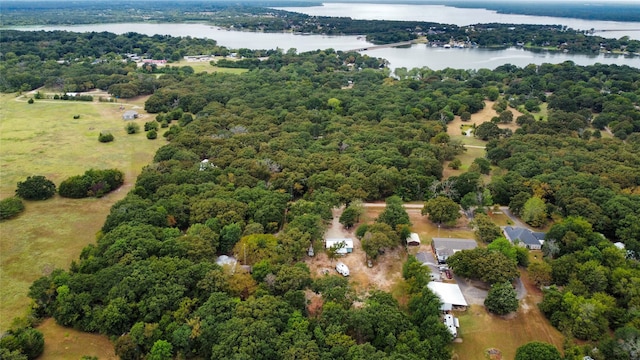 bird's eye view with a water view and a forest view