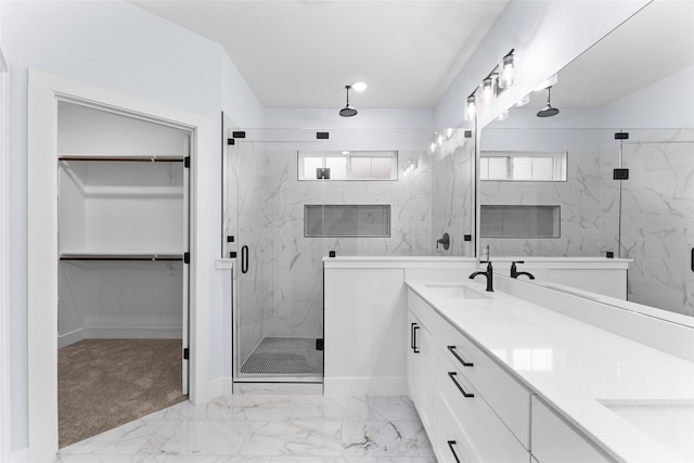 bathroom with plenty of natural light, a shower with shower door, and vanity