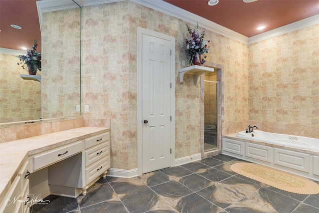 bathroom with vanity, separate shower and tub, and ornamental molding