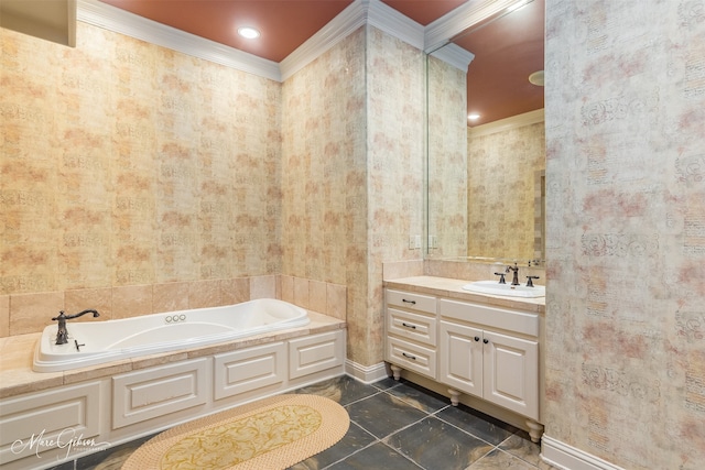 bathroom featuring vanity, ornamental molding, a bath, and tile patterned floors