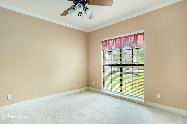 carpeted spare room featuring ceiling fan and crown molding