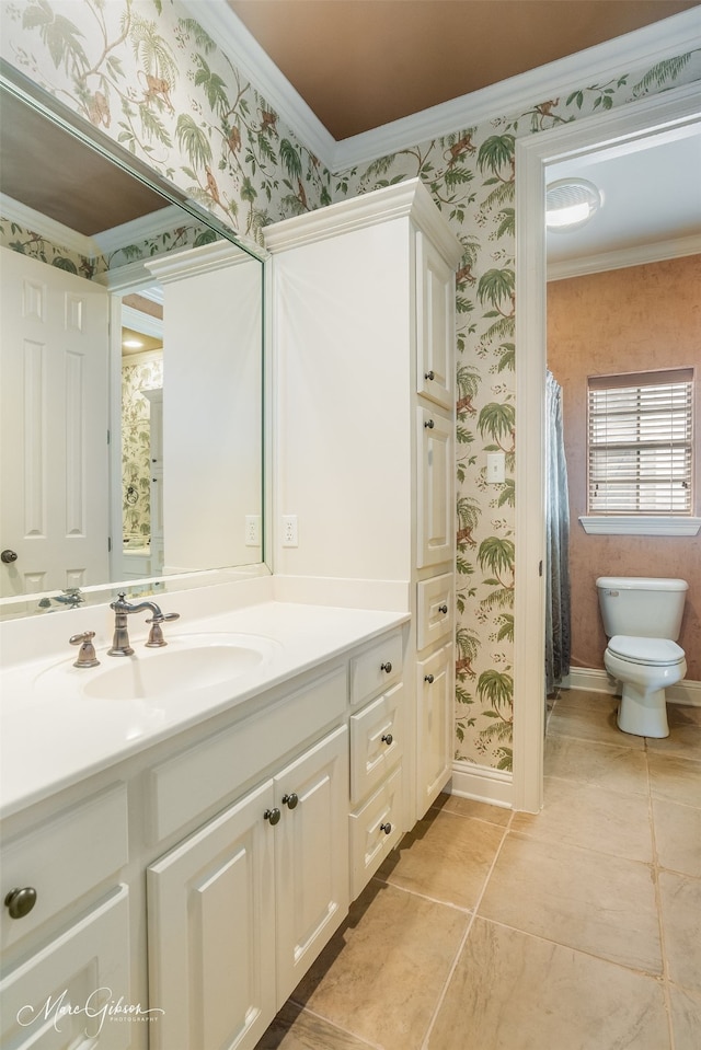 bathroom with a shower with shower curtain, tile patterned floors, toilet, vanity, and ornamental molding