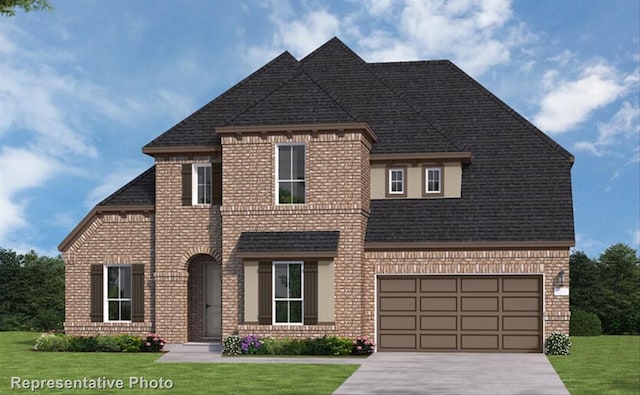 view of front of property with concrete driveway, brick siding, roof with shingles, and a front yard