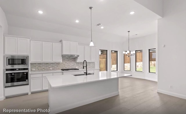 kitchen featuring stainless steel appliances, light countertops, decorative backsplash, a sink, and under cabinet range hood