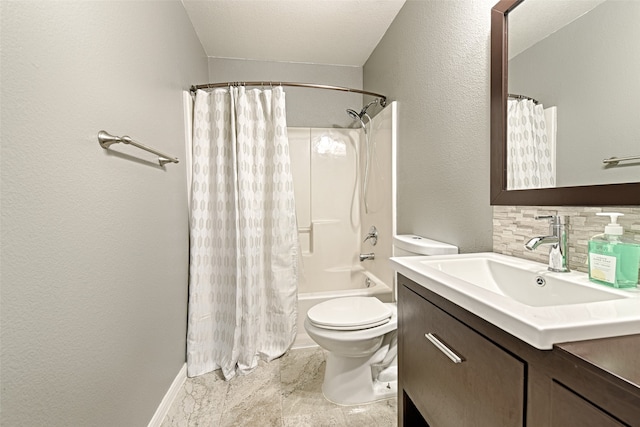 full bathroom with vanity, toilet, shower / tub combo, and tasteful backsplash