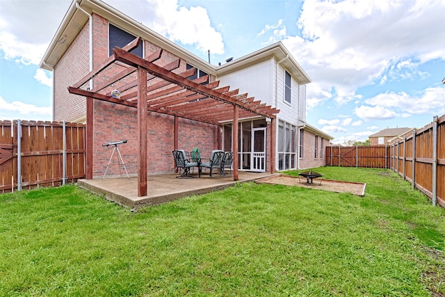 back of property featuring a pergola, a patio area, and a lawn