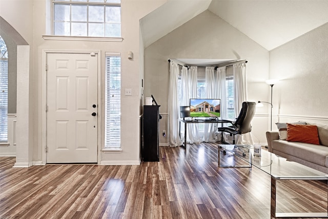 foyer featuring high vaulted ceiling and hardwood / wood-style floors