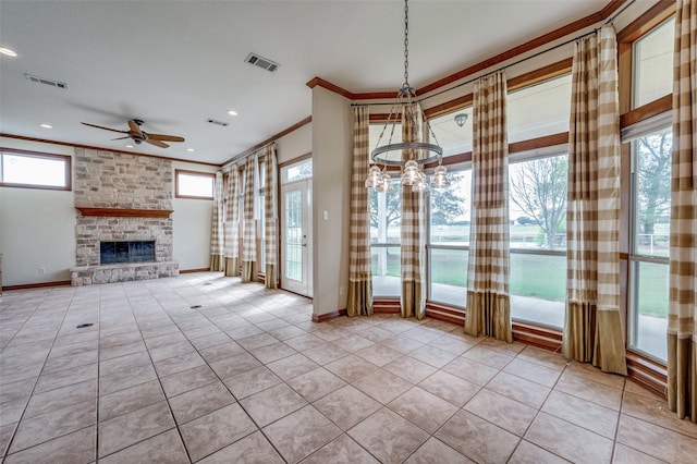 10200 Zipper Rd, Pilot Point, TX 76258 - unfurnished living room featuring ornamental molding, ceiling fan, a fireplace, light tile patterned flooring, and recessed lighting