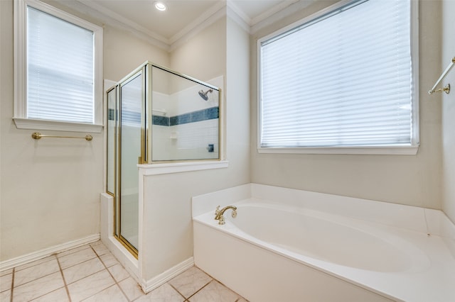 bathroom featuring crown molding, plus walk in shower, and tile patterned floors