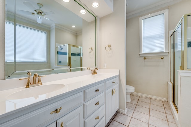 full bathroom featuring independent shower and bath, toilet, ceiling fan, and vanity