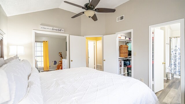 bedroom featuring ceiling fan, vaulted ceiling, light hardwood / wood-style flooring, a walk in closet, and a closet