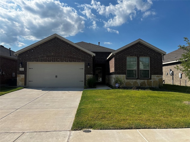 ranch-style home featuring a garage, driveway, stone siding, a front yard, and brick siding