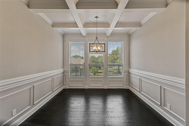 unfurnished dining area featuring an inviting chandelier, beam ceiling, dark wood-type flooring, and coffered ceiling