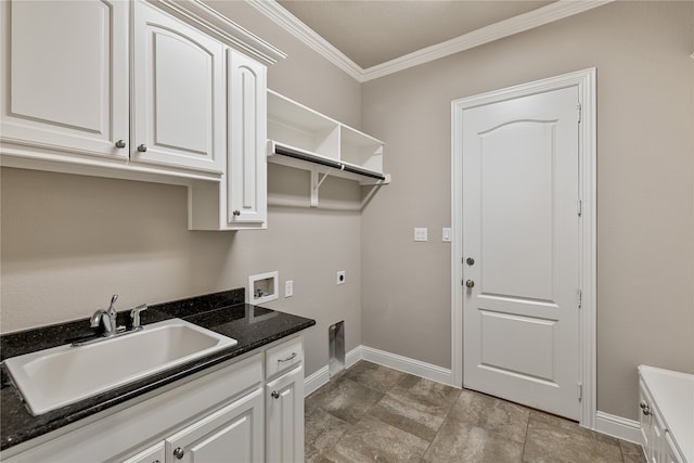 laundry room featuring washer hookup, cabinets, sink, electric dryer hookup, and crown molding