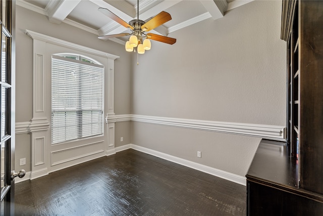 spare room featuring ceiling fan, crown molding, dark hardwood / wood-style floors, and a healthy amount of sunlight