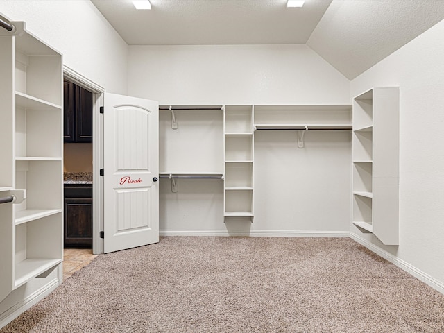 walk in closet featuring vaulted ceiling and light carpet