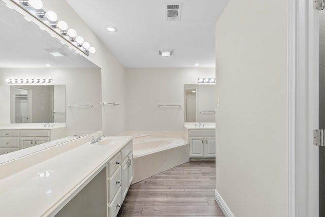 bathroom with wood-type flooring, vanity, and a bathtub