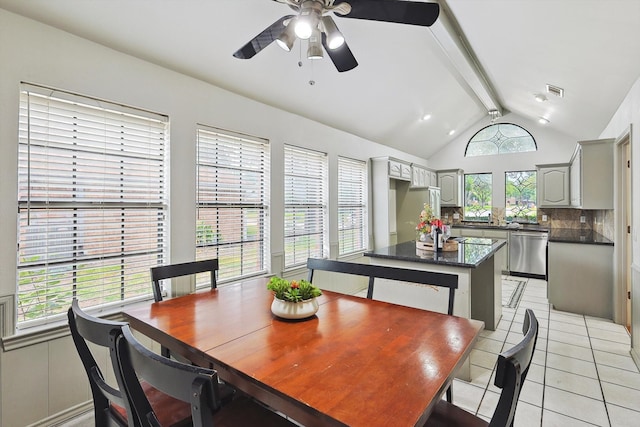 dining space with lofted ceiling with beams, a wealth of natural light, and ceiling fan