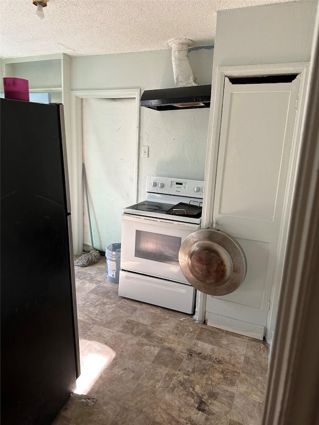 kitchen featuring white range with electric cooktop, black refrigerator, a textured ceiling, and exhaust hood