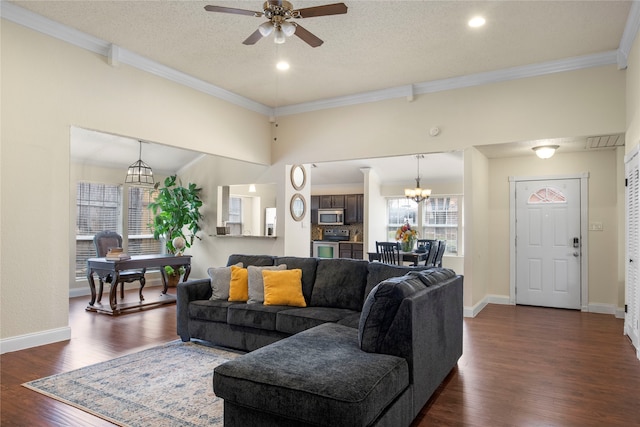 living room with dark wood-type flooring, ceiling fan with notable chandelier, crown molding, and a textured ceiling