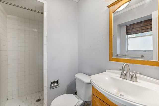 bathroom with toilet, vanity, and tiled shower