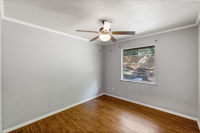 spare room with hardwood / wood-style floors, ceiling fan, ornamental molding, and a textured ceiling