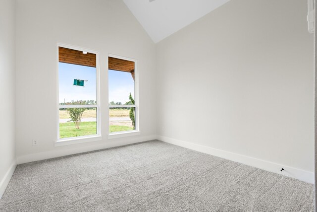 unfurnished room featuring high vaulted ceiling and carpet floors