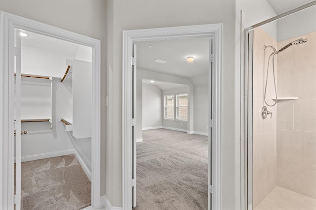 bathroom with a shower with shower door