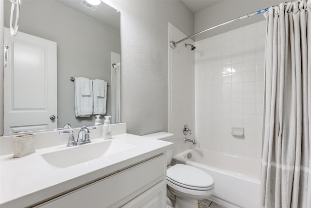 full bathroom with vanity, toilet, and shower / bathtub combination with curtain