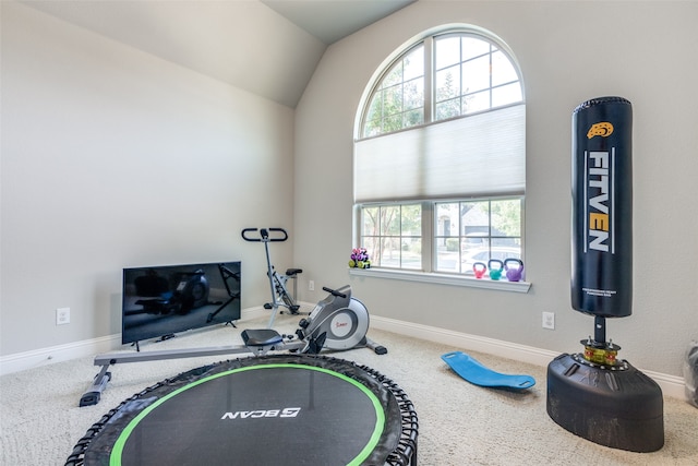 workout area with lofted ceiling and carpet flooring