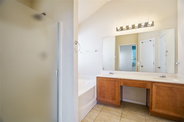 bathroom featuring vanity, lofted ceiling, independent shower and bath, and tile patterned floors