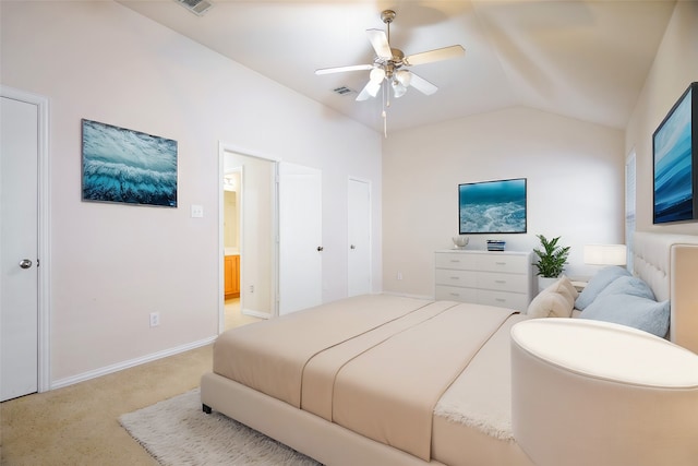 carpeted bedroom featuring lofted ceiling and ceiling fan